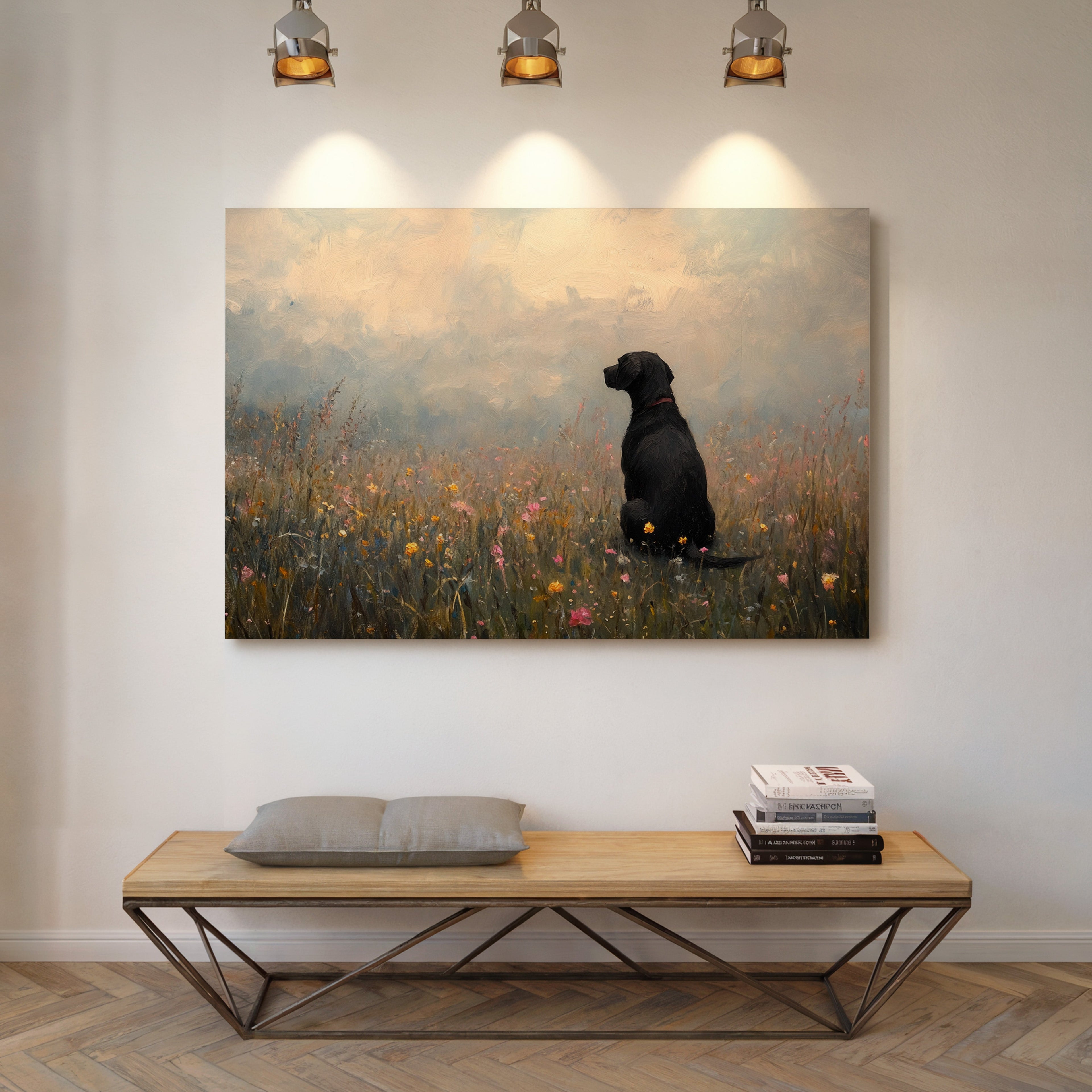 Serene Black Lab in Wildflowers – Rustic Dog Art Print